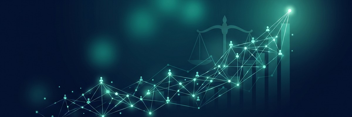 A glowing network of scholars rising to an apex beside the scales of justice and growth bars